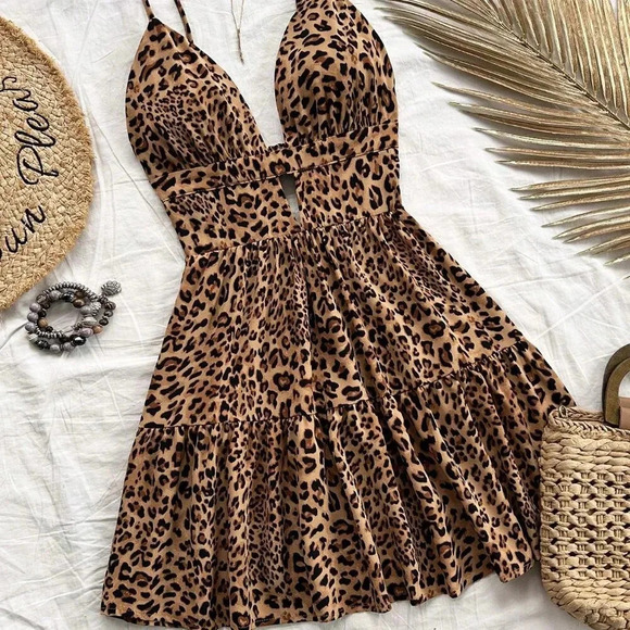 Multicolor Sexy Women's Leopard Print Layer Hem Cami Dress - Picture 4 of 5